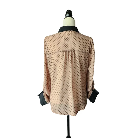 Mine Black & Tan Polka Dot Long Sleeve Sheer Button Down Blouse Top Women's M - Picture 2 of 12